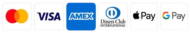 Visa, Mastercard, American Express, Discover, Diners Club, Apple Pay and Google Pay accepted