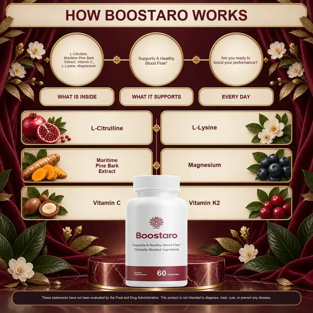 The vendor's How Boostaro Works panel, showing ingredient names without amounts