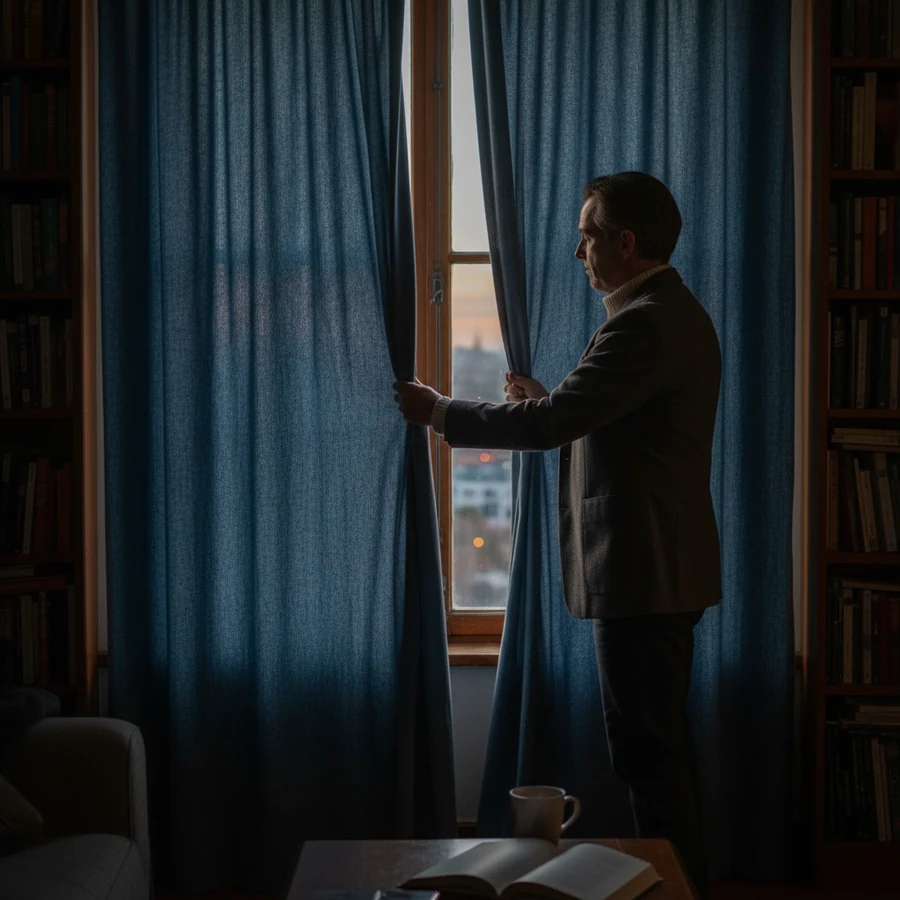 A man drawing the curtains at dusk, stock imagery supplied in the supplier's material