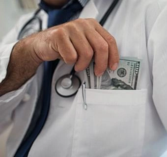 A banknote being placed into the pocket of a white coat, stock photography