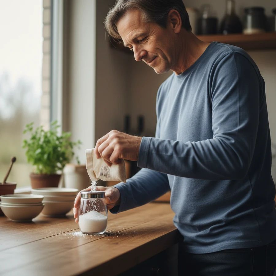 Lifestyle photograph supplied with the Boostaro pack: fifties refilling salt cellar