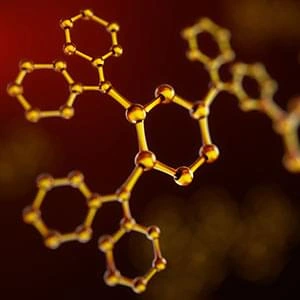 A molecular render on a dark red ground