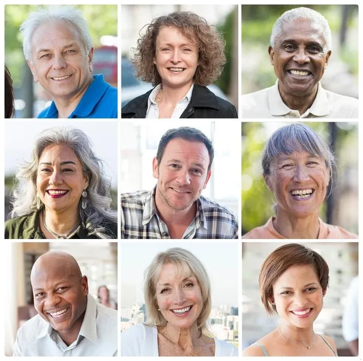 A grid of stock portraits supplied in the vendor image pack